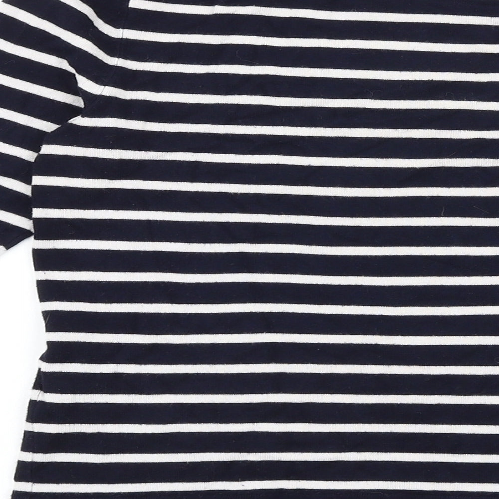 Warehouse Womens Blue Round Neck Striped Viscose Pullover Jumper Size 12 - Floral Detail