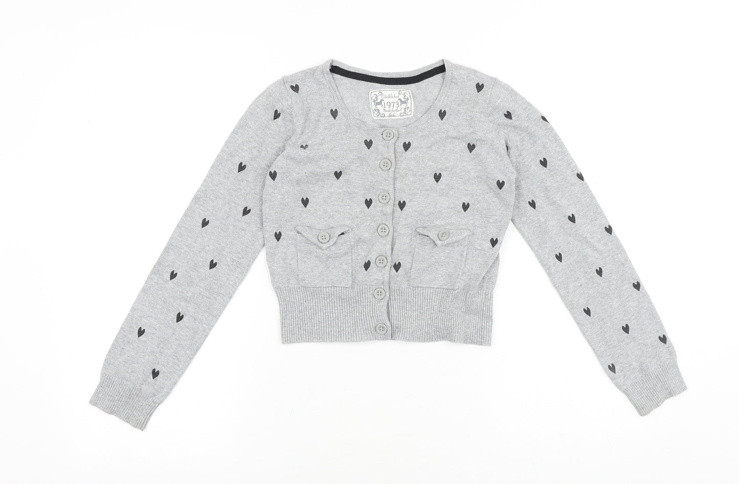 Marks and Spencer Girls Grey Round Neck Geometric Cotton Cardigan Jumper Size 11-12 Years Button - Love Heart