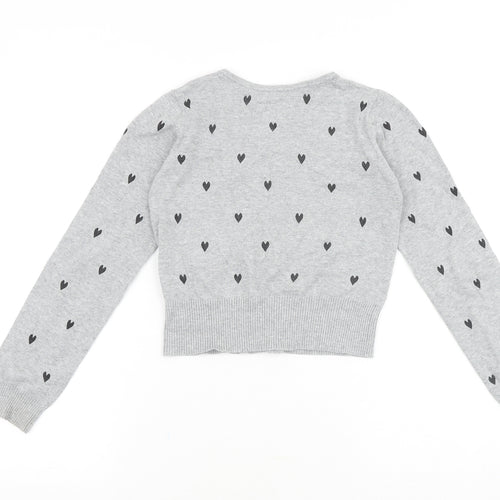 Marks and Spencer Girls Grey Round Neck Geometric Cotton Cardigan Jumper Size 11-12 Years Button - Love Heart