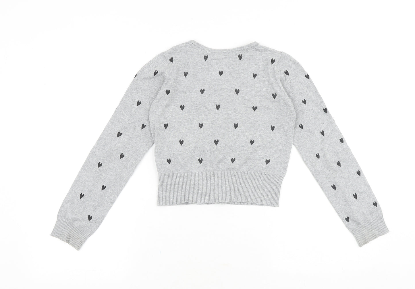Marks and Spencer Girls Grey Round Neck Geometric Cotton Cardigan Jumper Size 11-12 Years Button - Love Heart