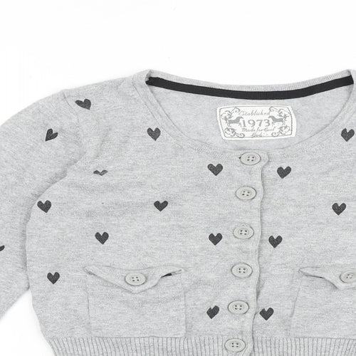 Marks and Spencer Girls Grey Round Neck Geometric Cotton Cardigan Jumper Size 11-12 Years Button - Love Heart