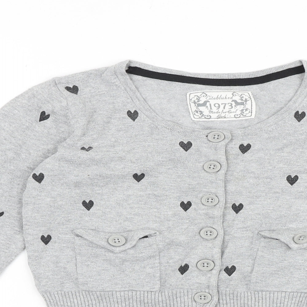 Marks and Spencer Girls Grey Round Neck Geometric Cotton Cardigan Jumper Size 11-12 Years Button - Love Heart