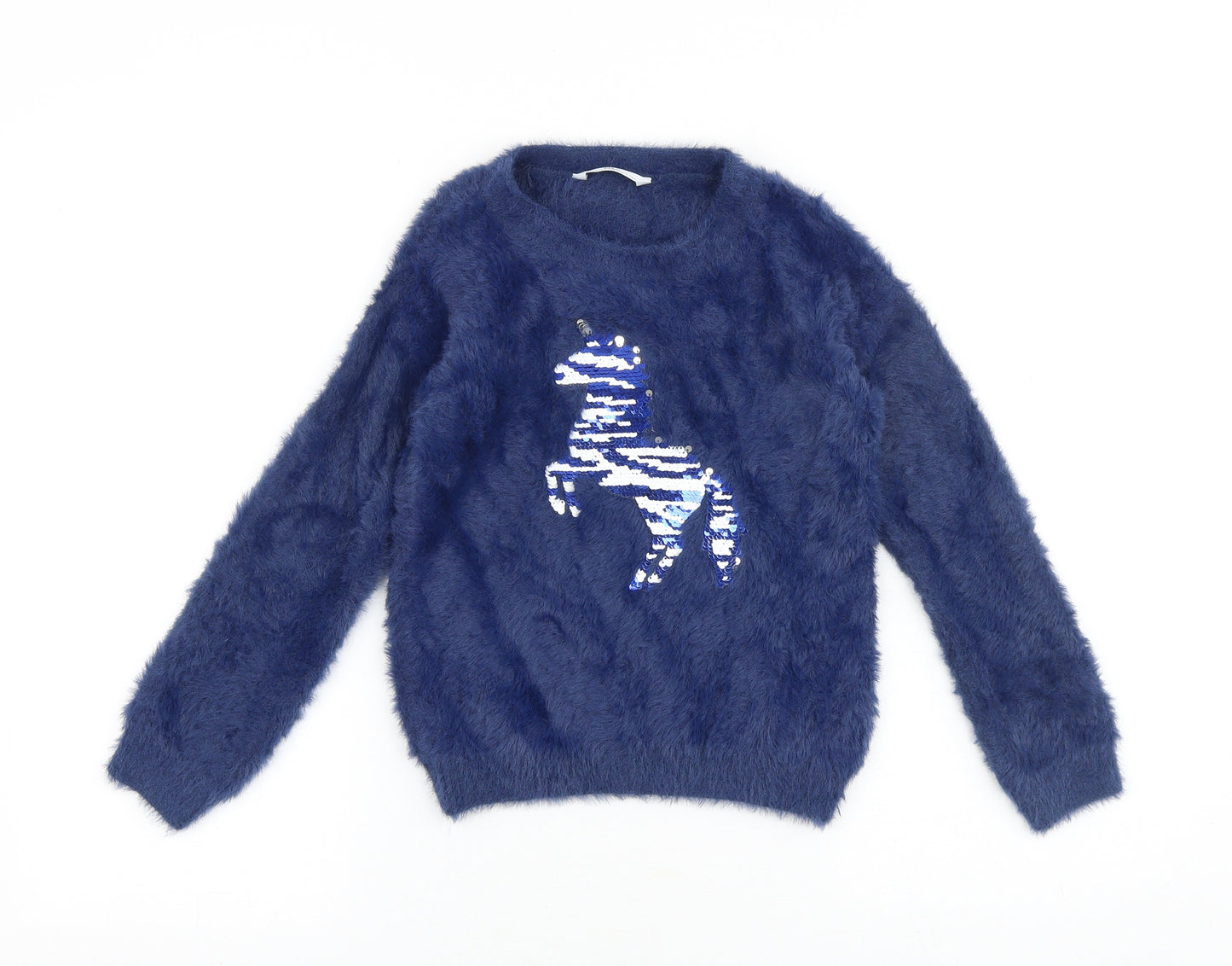 Marks and Spencer Girls Blue Round Neck Polyamide Pullover Jumper Size 7-8 Years Pullover - Unicorn