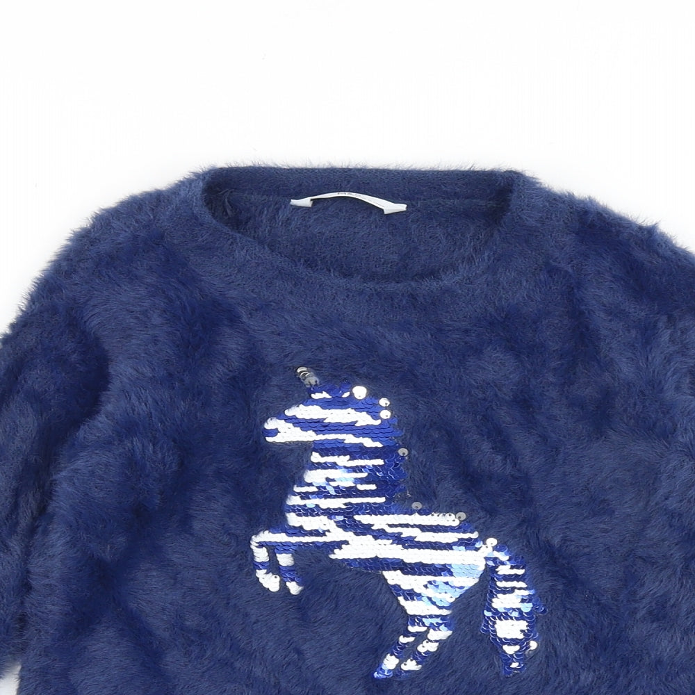 Marks and Spencer Girls Blue Round Neck Polyamide Pullover Jumper Size 7-8 Years Pullover - Unicorn