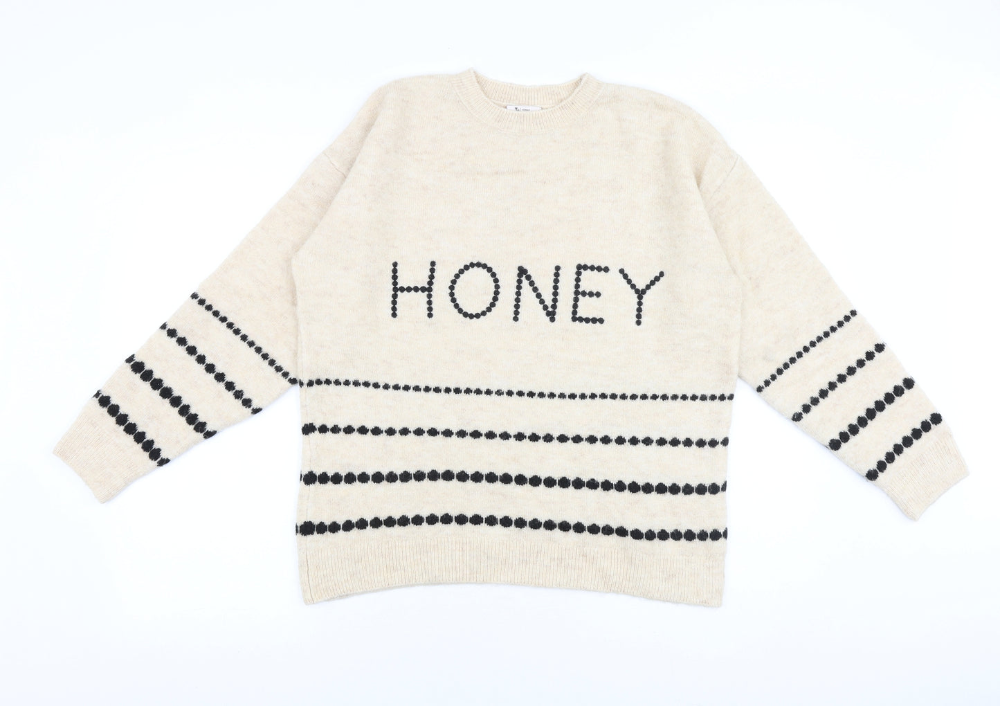 TU Womens Beige Round Neck Striped Acrylic Pullover Jumper Size 14 - Honey