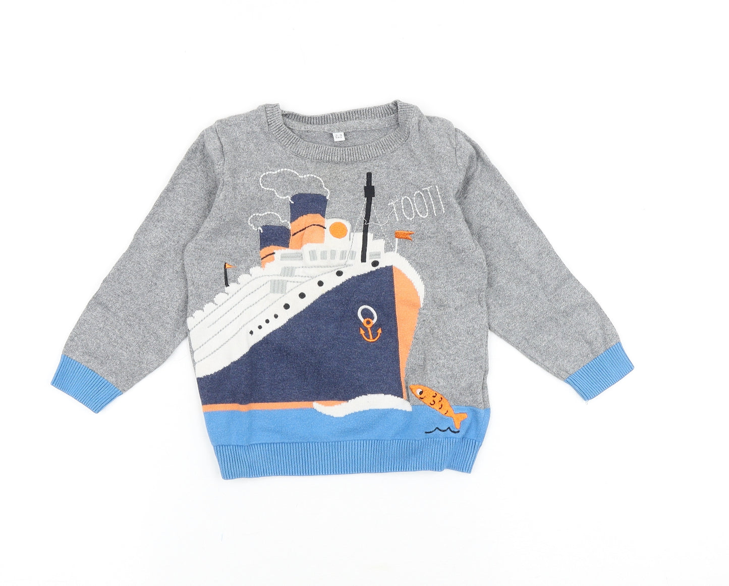 Marks and Spencer Boys Grey Round Neck 100% Cotton Pullover Jumper Size 2-3 Years Pullover - Ship Toot
