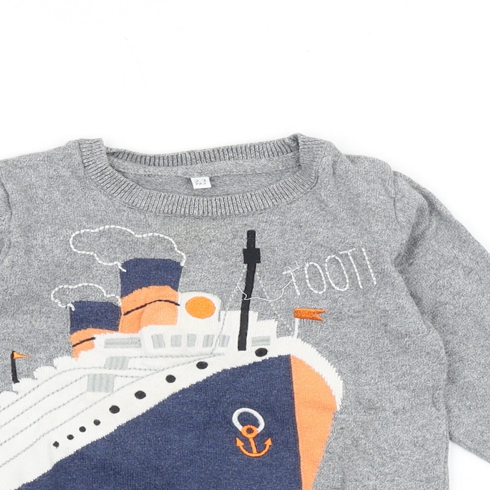 Marks and Spencer Boys Grey Round Neck 100% Cotton Pullover Jumper Size 2-3 Years Pullover - Ship Toot