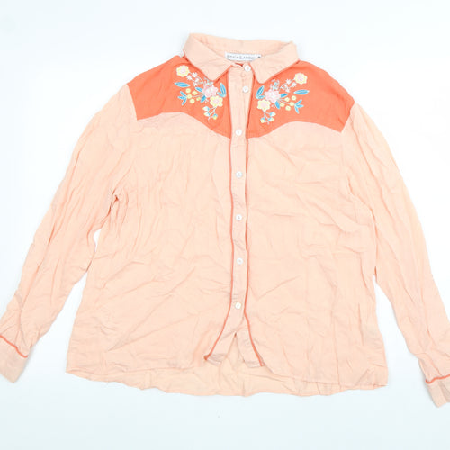 Amalie & Amber Womens Pink Viscose Basic Button-Up Size M Collared - Flower Detail