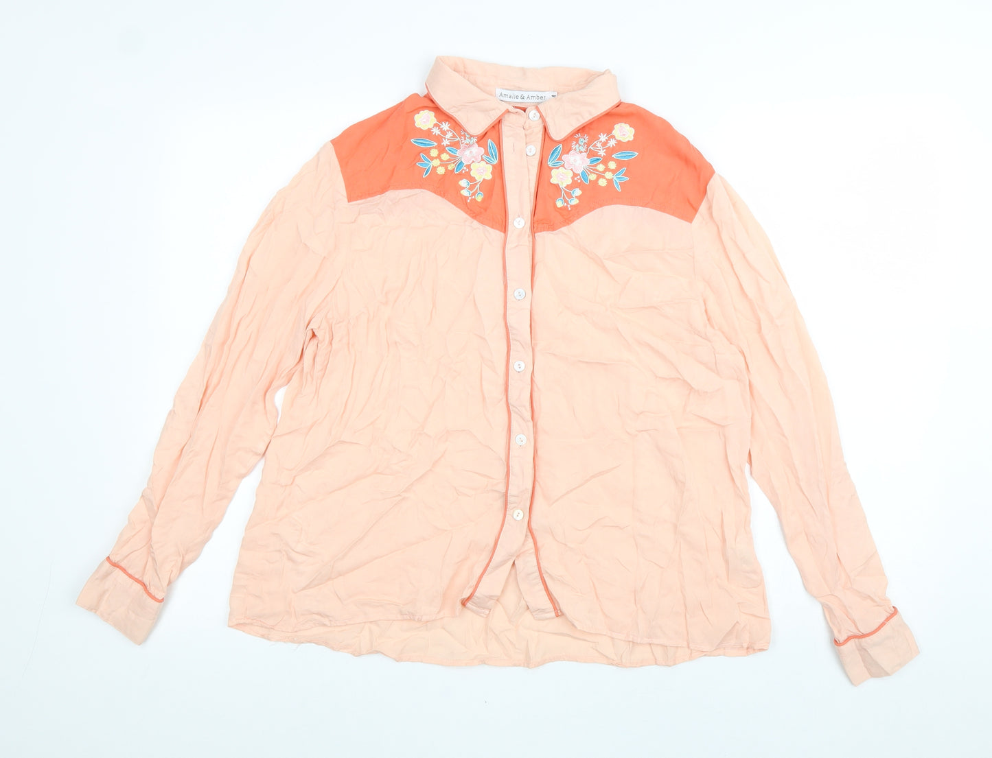 Amalie & Amber Womens Pink Viscose Basic Button-Up Size M Collared - Flower Detail