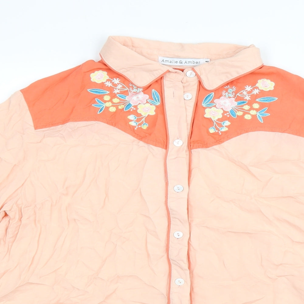 Amalie & Amber Womens Pink Viscose Basic Button-Up Size M Collared - Flower Detail