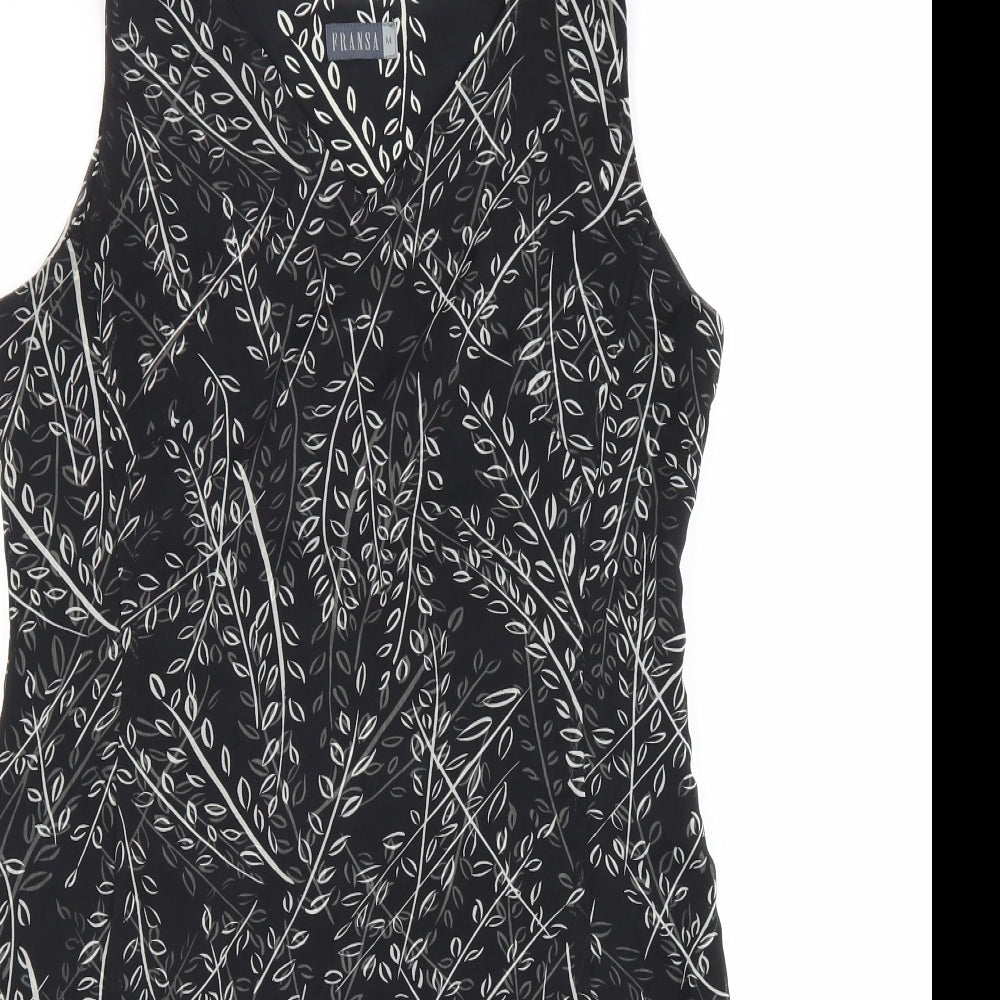 Fransa Womens Black Geometric Polyester A-Line Size M V-Neck Zip