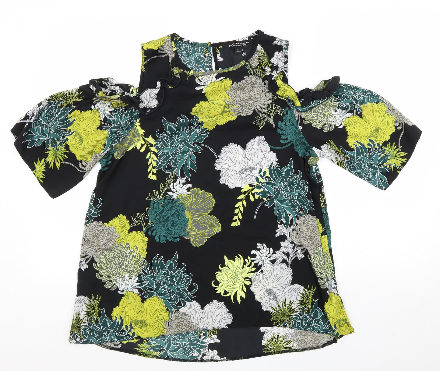 Dorothy Perkins Womens Black Floral Polyester Basic Blouse Size 14 Round Neck - Cold Shoulder