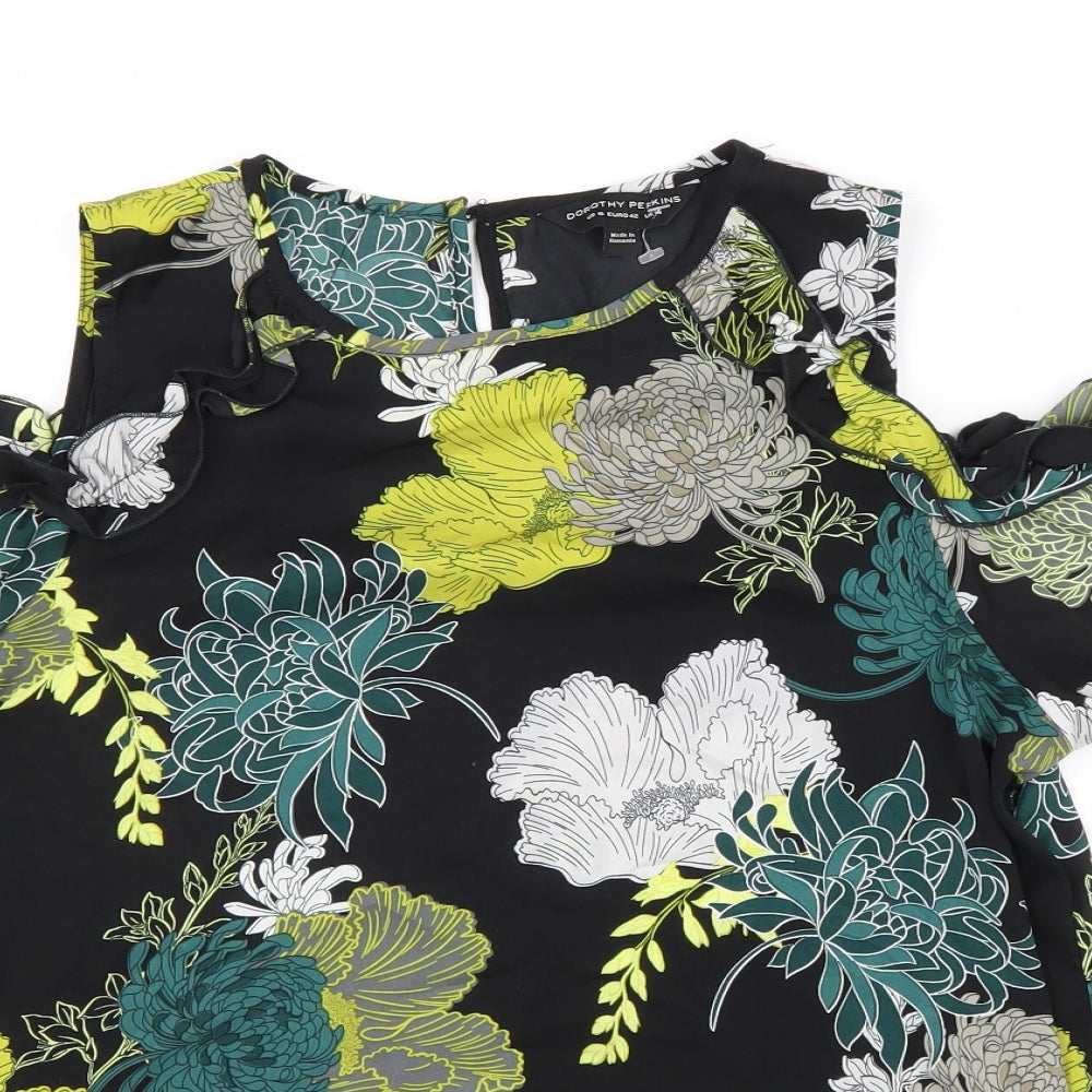 Dorothy Perkins Womens Black Floral Polyester Basic Blouse Size 14 Round Neck - Cold Shoulder