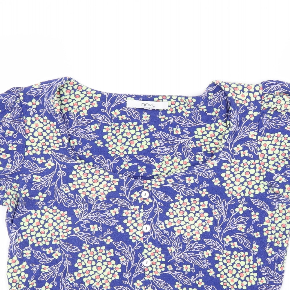 NEXT Womens Blue Geometric Viscose Basic T-Shirt Size 10 Scoop Neck