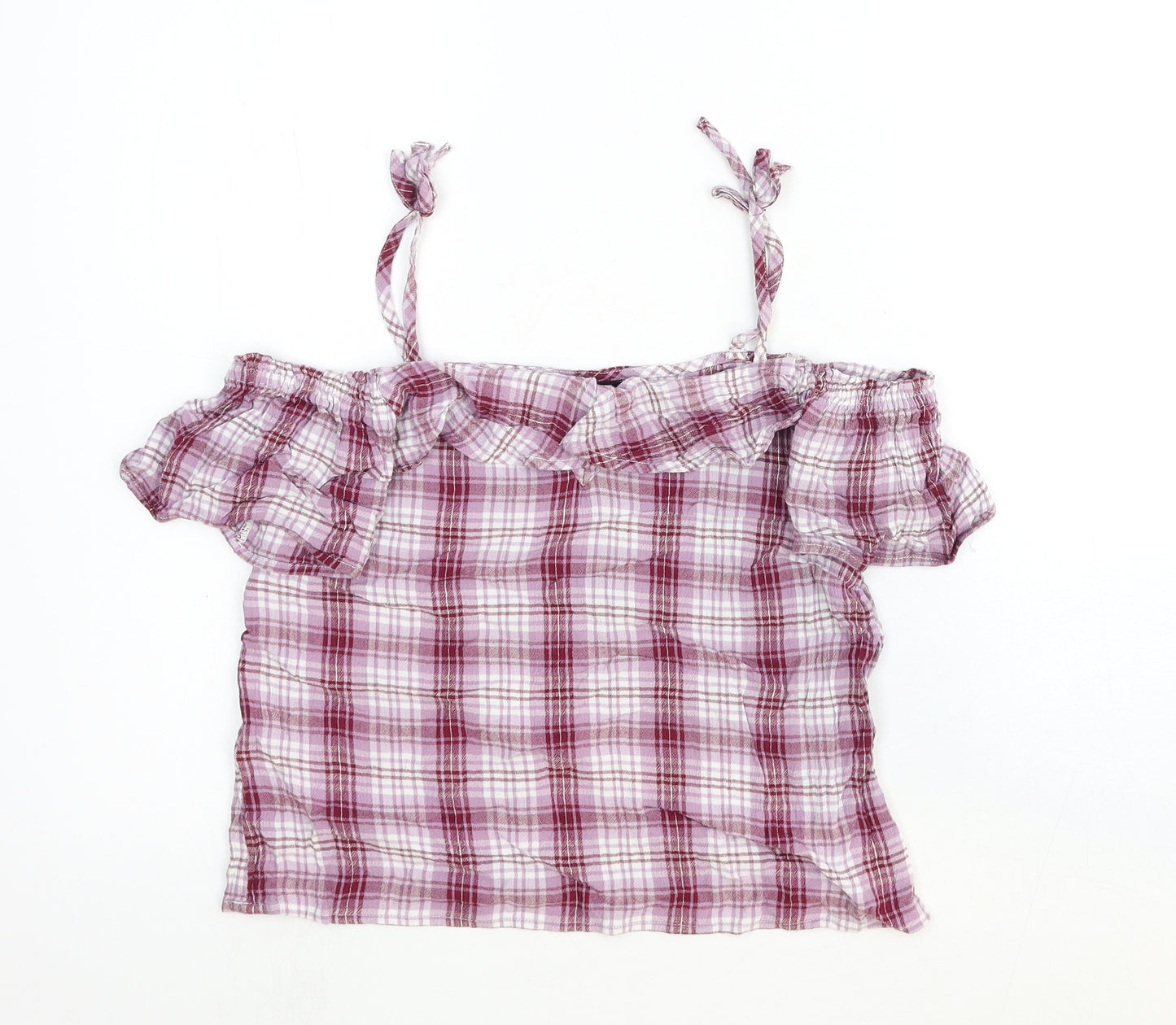 New Look Womens Red Plaid Cotton Basic Blouse Size 10 Off the Shoulder