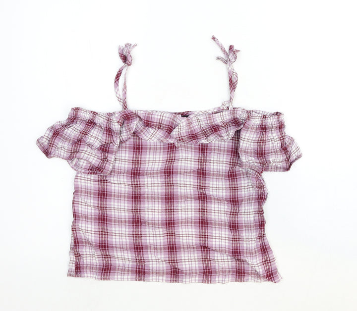 New Look Womens Red Plaid Cotton Basic Blouse Size 10 Off the Shoulder