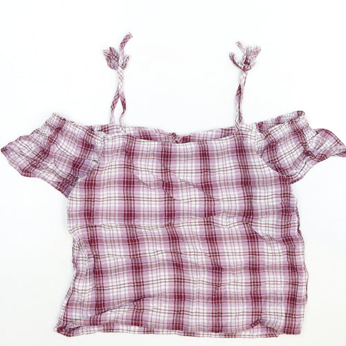 New Look Womens Red Plaid Cotton Basic Blouse Size 10 Off the Shoulder