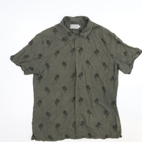 TU Mens Green Geometric Cotton Button-Up Size M Collared Button - Palm Tree