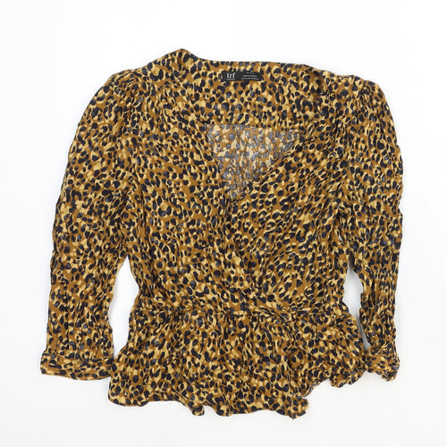 Zara Womens Brown Animal Print Viscose Basic Blouse Size XS V-Neck - Leopard Print