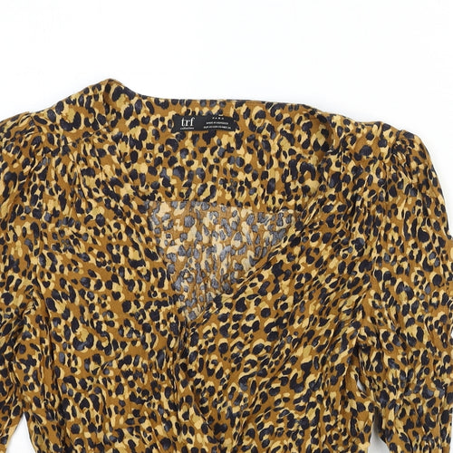 Zara Womens Brown Animal Print Viscose Basic Blouse Size XS V-Neck - Leopard Print