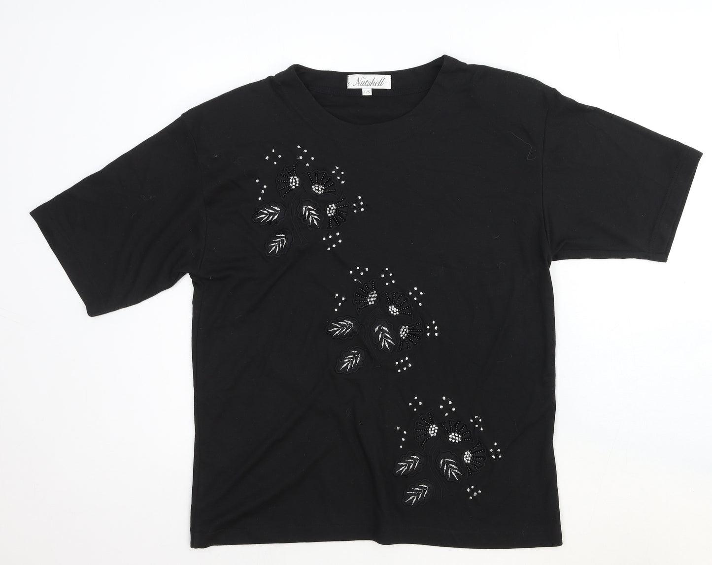 Nutshell Womens Black Geometric Cotton Basic T-Shirt Size S Scoop Neck
