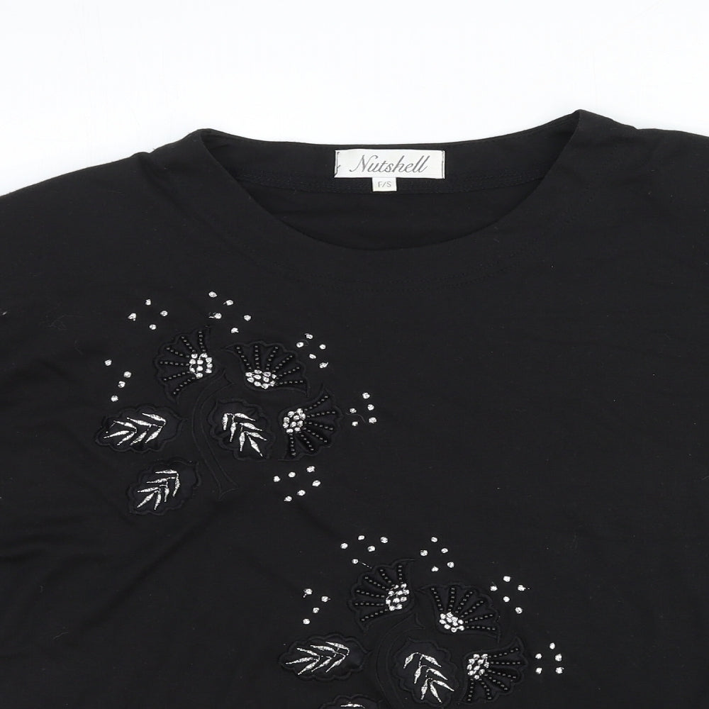 Nutshell Womens Black Geometric Cotton Basic T-Shirt Size S Scoop Neck