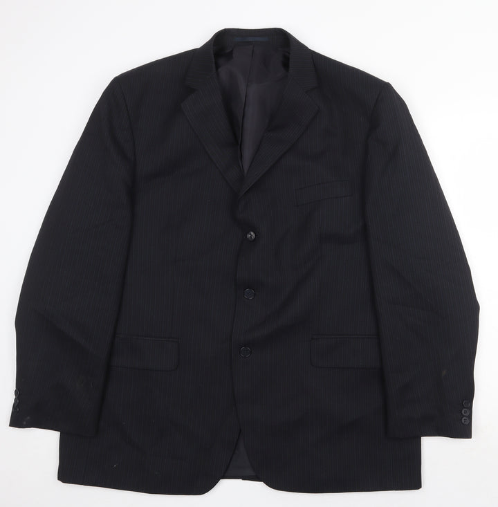 Pinstripe Mens Black Striped Polyester Jacket Suit Jacket Size 46 Regular