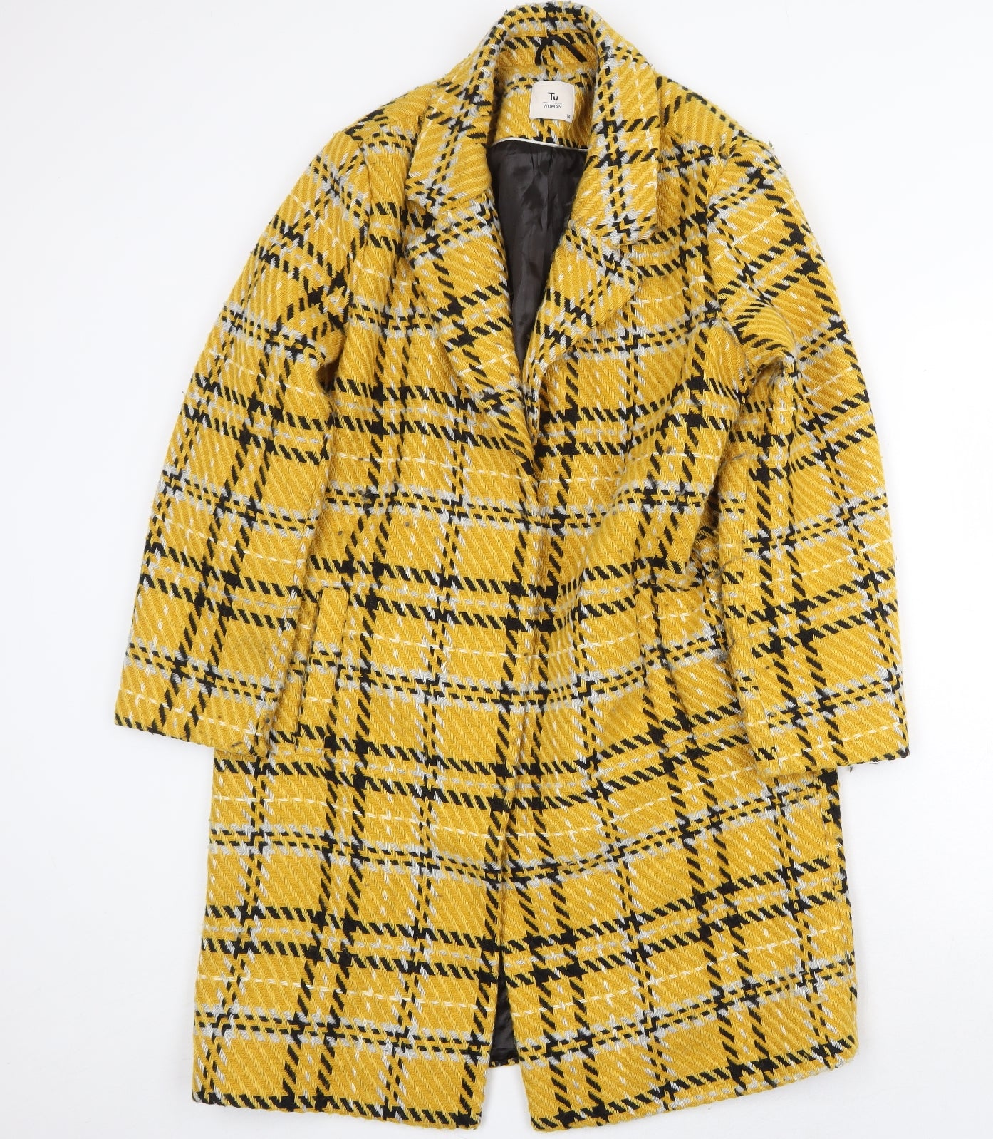 TU Womens Yellow Plaid Overcoat Coat Size 14 Button