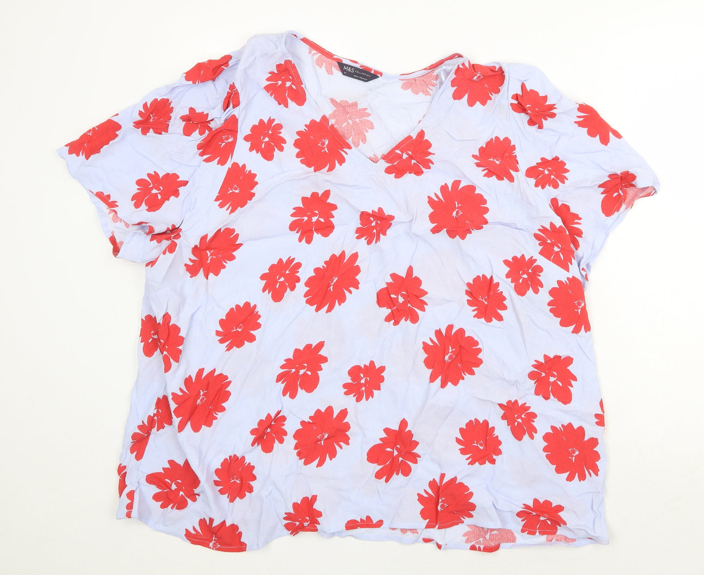 Marks and Spencer Womens Blue Floral Viscose Basic T-Shirt Size 24 V-Neck