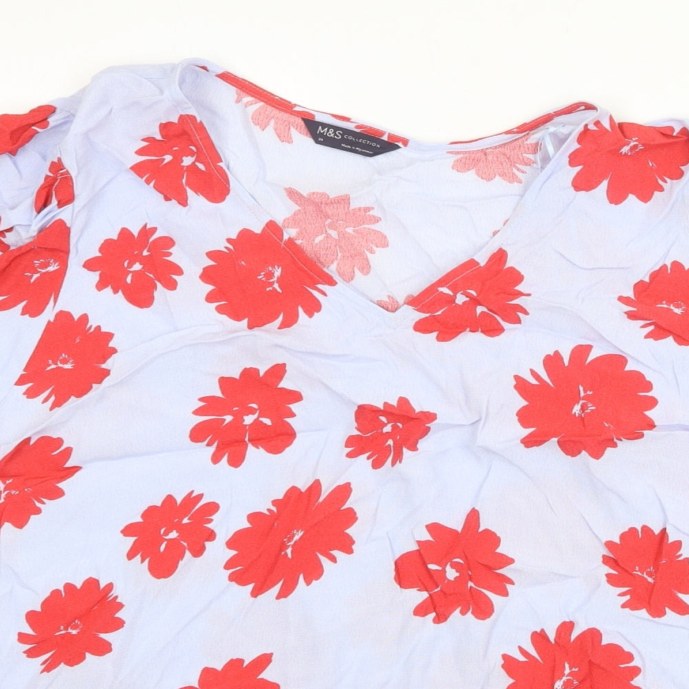 Marks and Spencer Womens Blue Floral Viscose Basic T-Shirt Size 24 V-Neck