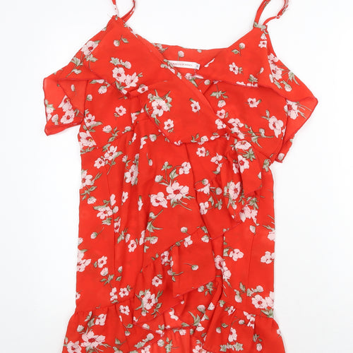 Jumeiyifang Womens Red Floral Polyester Tunic Blouse Size M V-Neck - Cold Shoulder