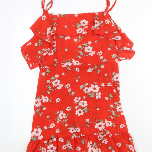 Jumeiyifang Womens Red Floral Polyester Tunic Blouse Size M V-Neck - Cold Shoulder
