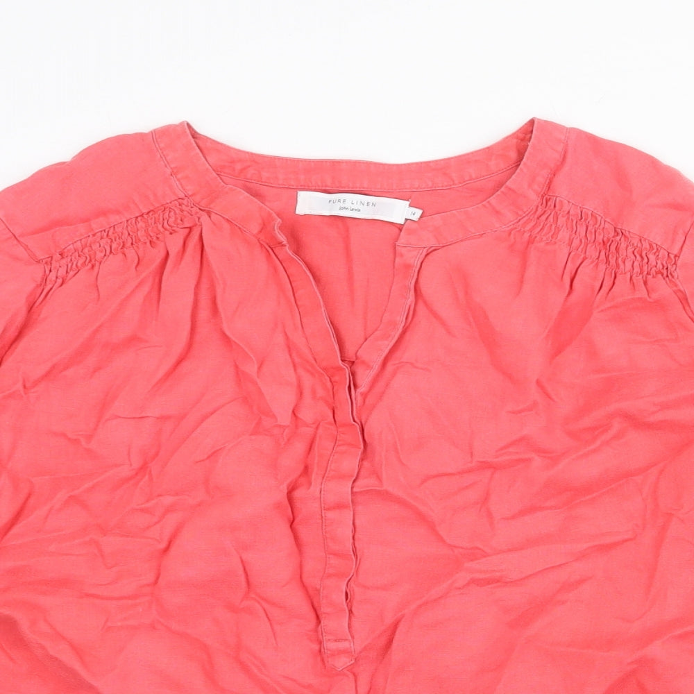 John Lewis Womens Pink Linen Basic Blouse Size 14 V-Neck