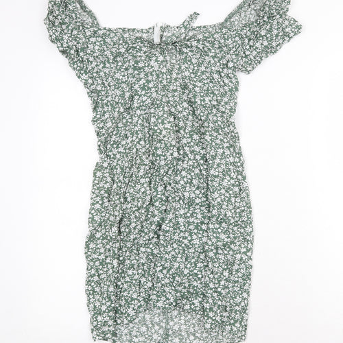SheIn Womens Green Floral Polyester A-Line Size M Boat Neck Zip