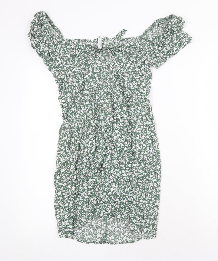 SheIn Womens Green Floral Polyester A-Line Size M Boat Neck Zip