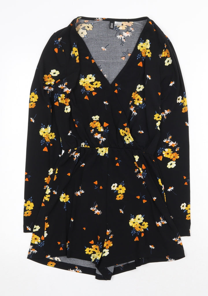 H&M Womens Black Floral Polyester Playsuit One-Piece Size 4 Snap