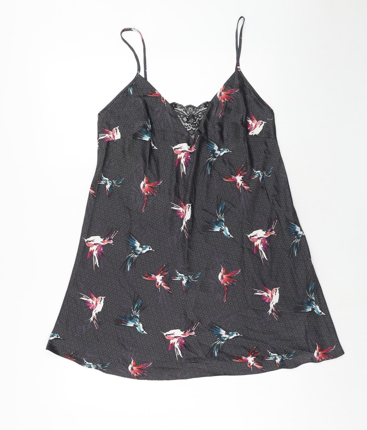 Marks and Spencer Womens Black Geometric Polyester Cami Dress Size 16 - Bird Print, Lace Insert