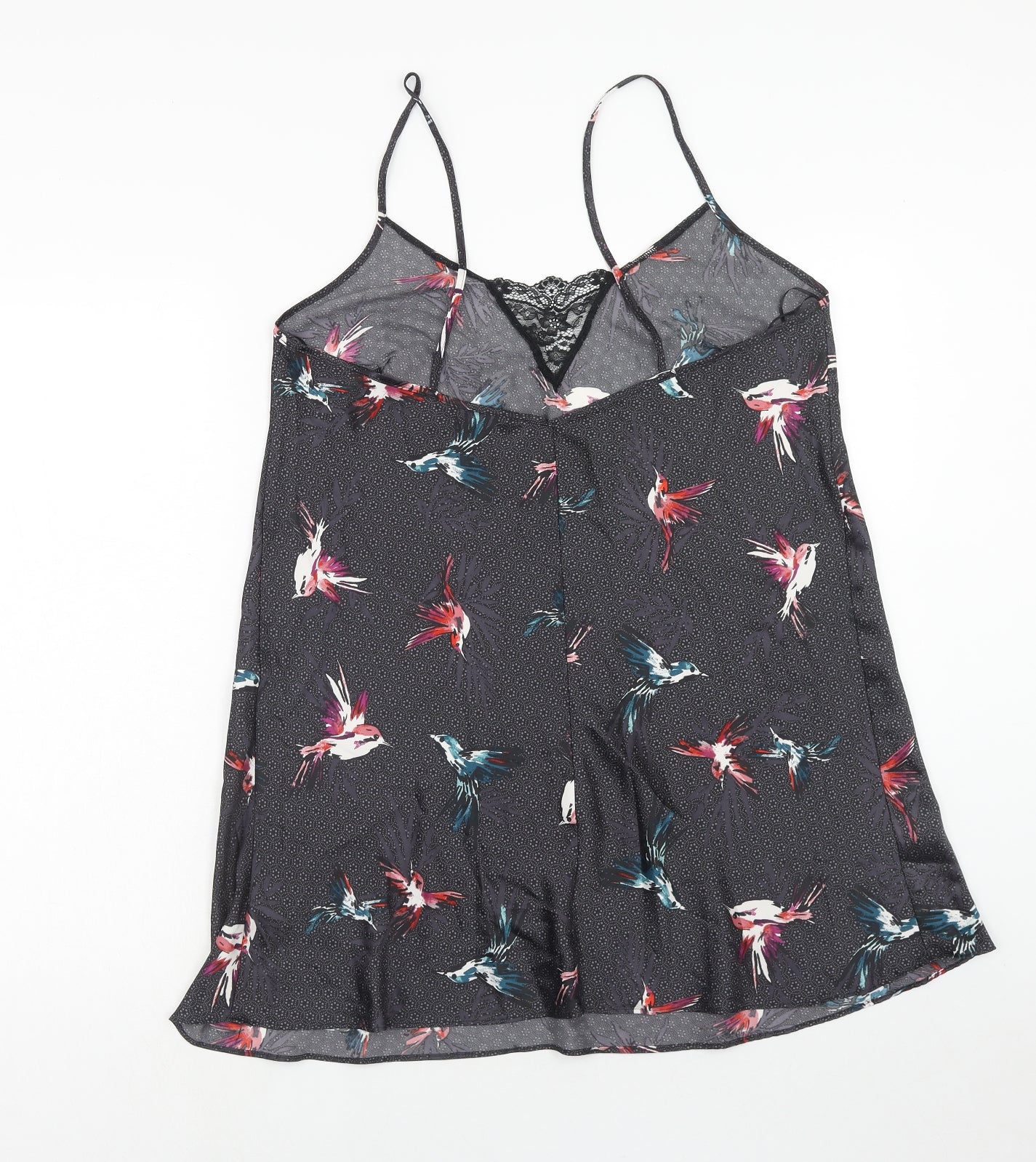 Marks and Spencer Womens Black Geometric Polyester Cami Dress Size 16 - Bird Print, Lace Insert