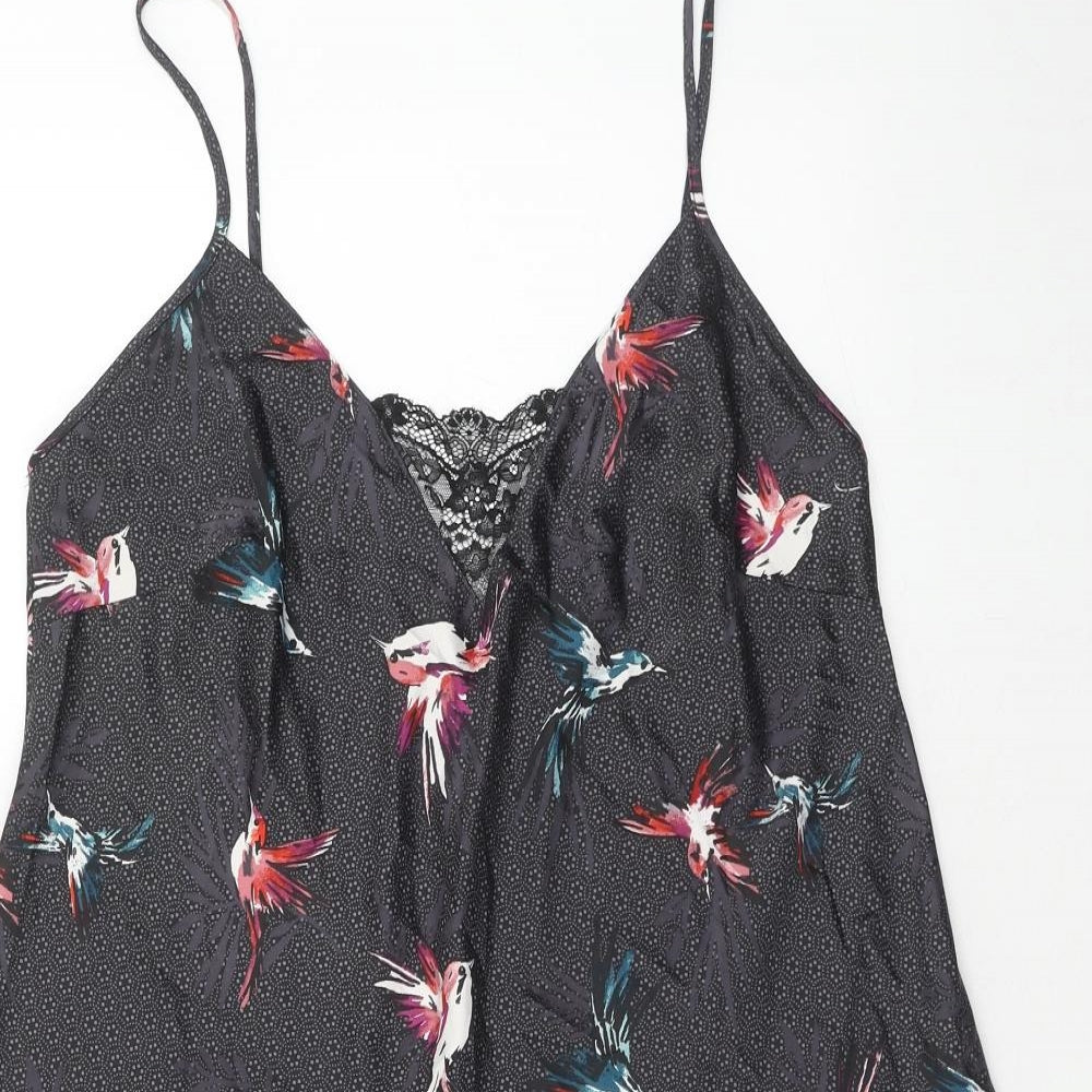 Marks and Spencer Womens Black Geometric Polyester Cami Dress Size 16 - Bird Print, Lace Insert