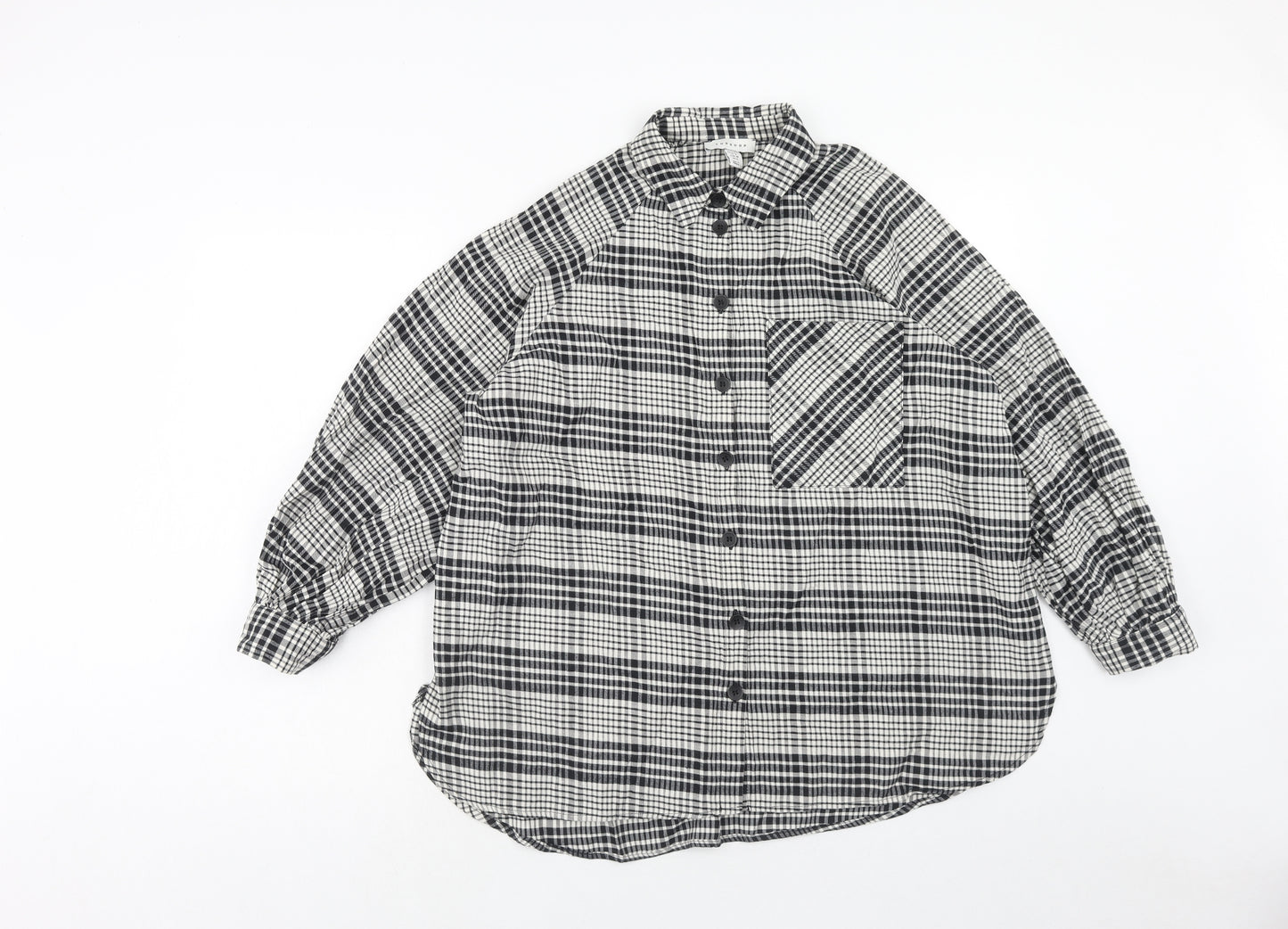 Topshop Womens Black Geometric Cotton Basic Button-Up Size 8 Collared