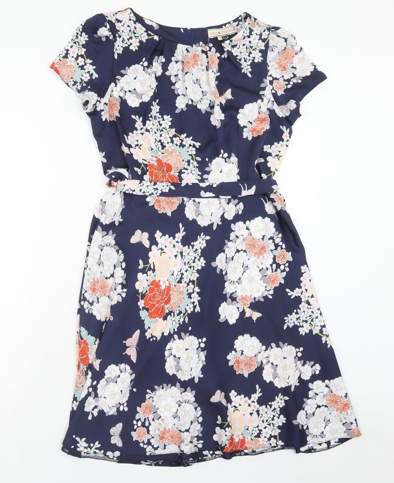 Billie & Blossom Womens Blue Floral Polyester Fit & Flare Size 14 Round Neck Zip