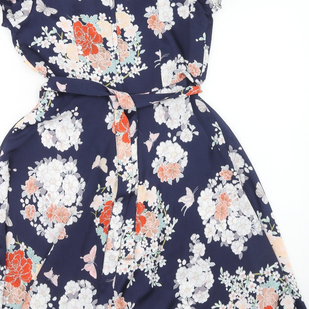 Billie & Blossom Womens Blue Floral Polyester Fit & Flare Size 14 Round Neck Zip