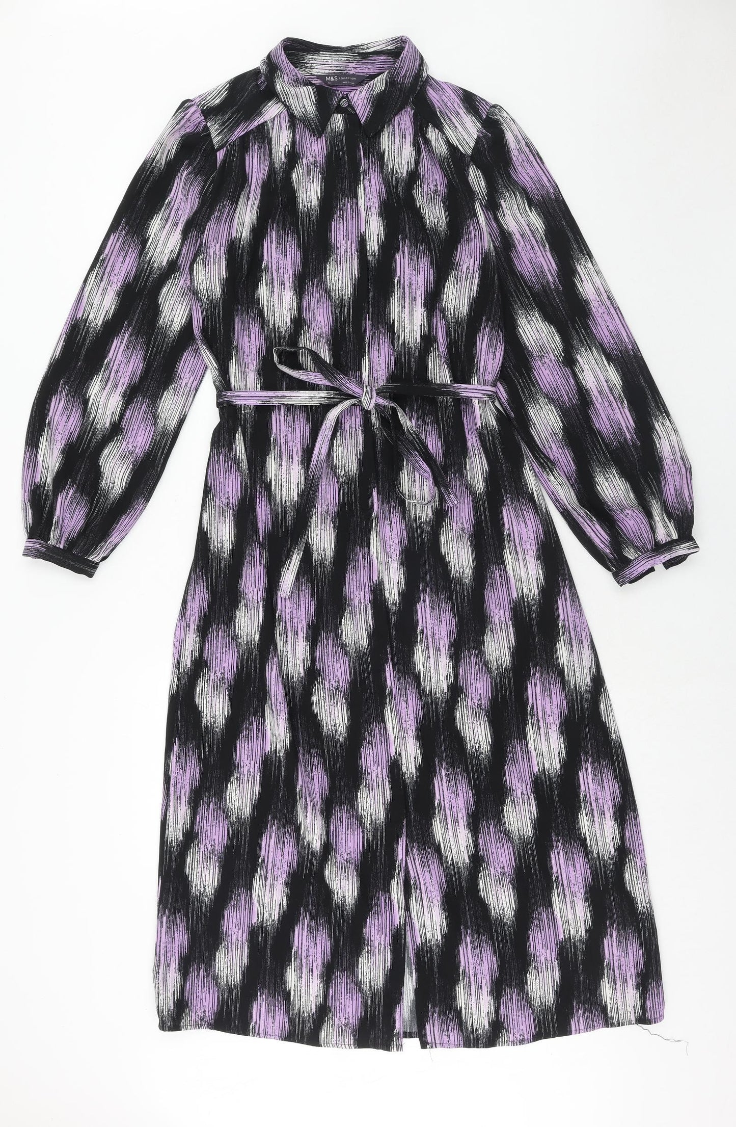 Marks and Spencer Womens Purple Geometric Polyester Shirt Dress Size 12 Collared Button
