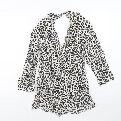 Zara Womens White Geometric Viscose Playsuit One-Piece Size S Button