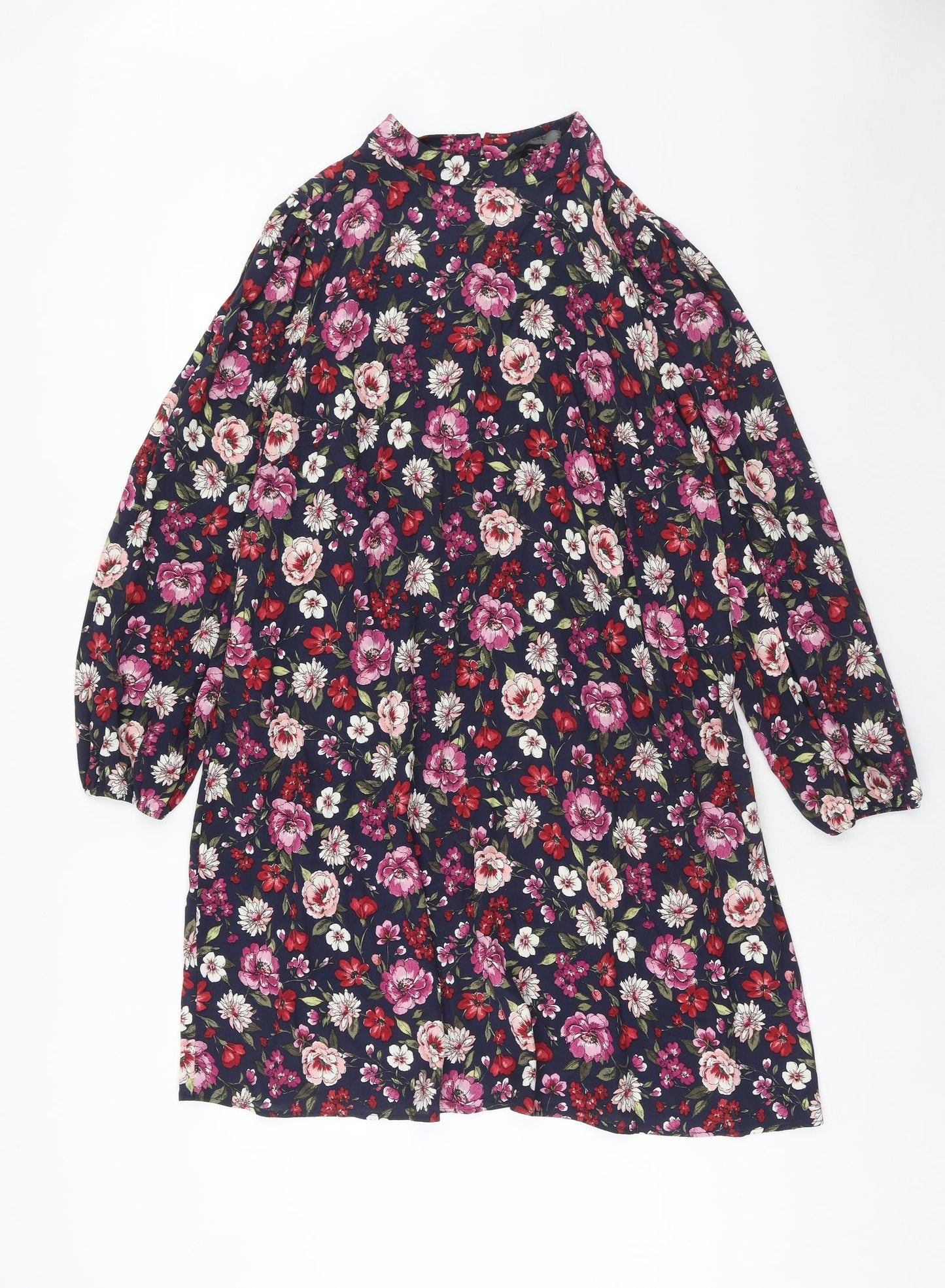 F&F Womens Blue Floral Viscose A-Line Size 16 High Neck Button