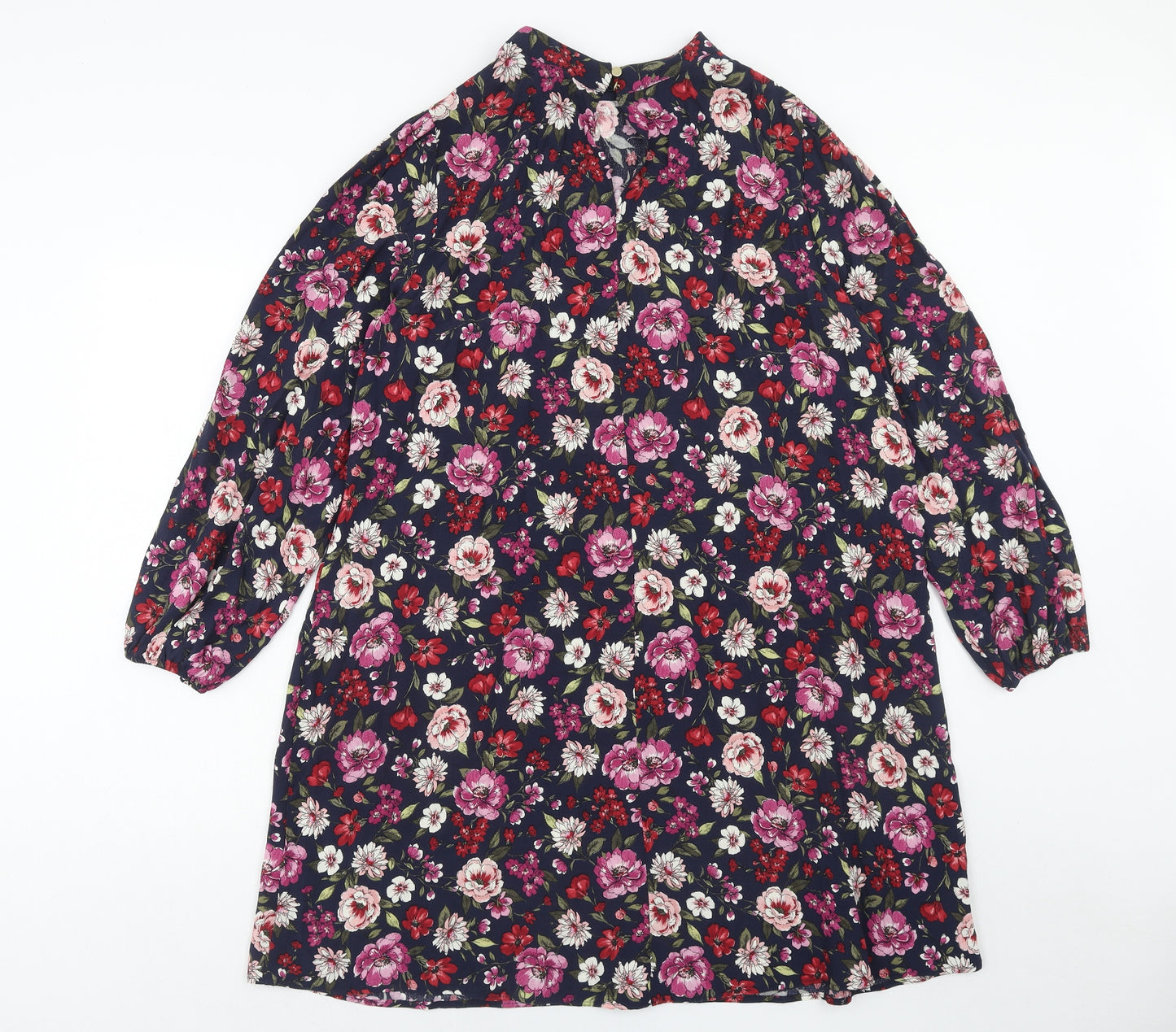 F&F Womens Blue Floral Viscose A-Line Size 16 High Neck Button