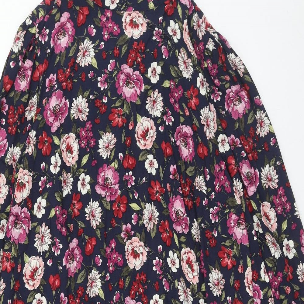 F&F Womens Blue Floral Viscose A-Line Size 16 High Neck Button