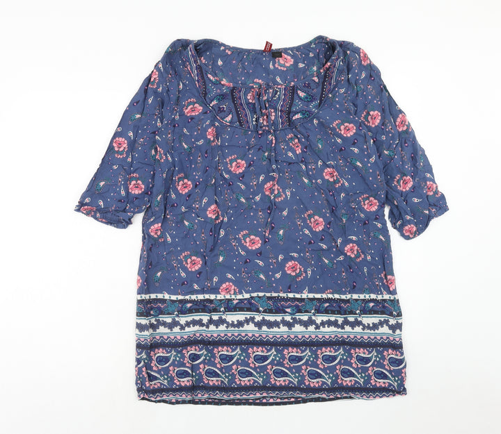 H&M Womens Blue Geometric Viscose A-Line Size 10 Round Neck Pullover