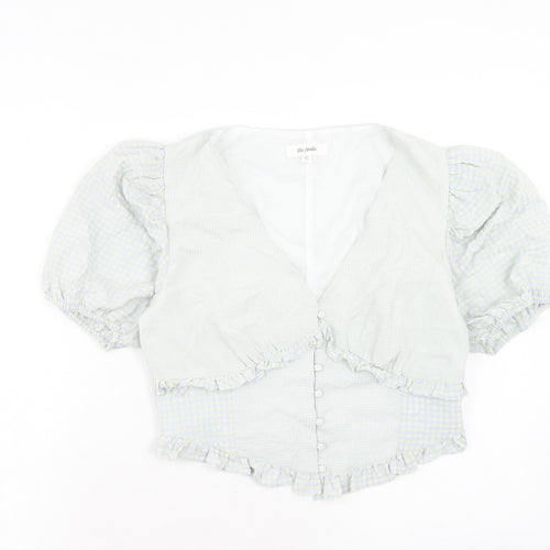 The Frolic Womens Blue Check Polyester Basic Blouse Size 10 V-Neck