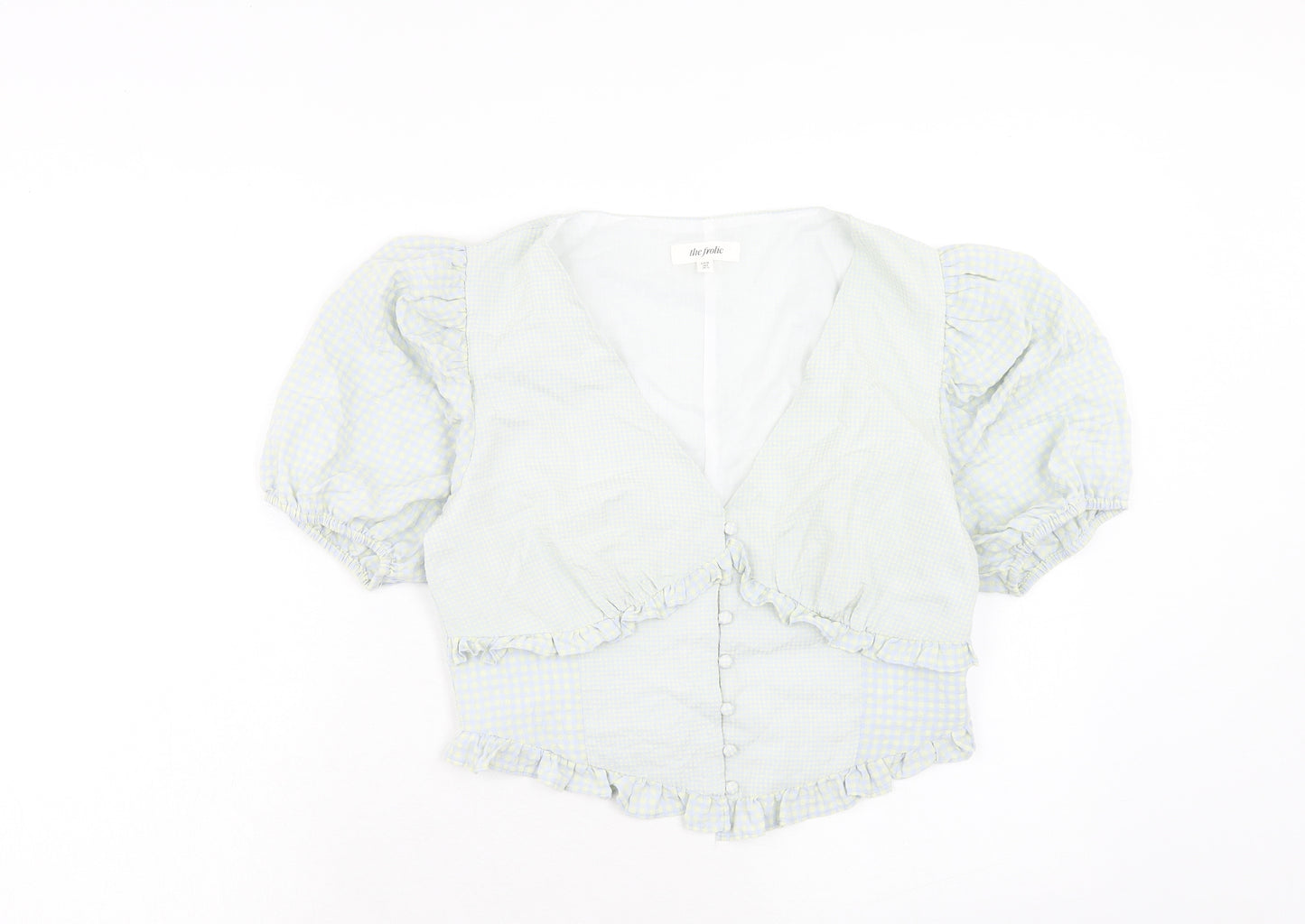 The Frolic Womens Blue Check Polyester Basic Blouse Size 10 V-Neck